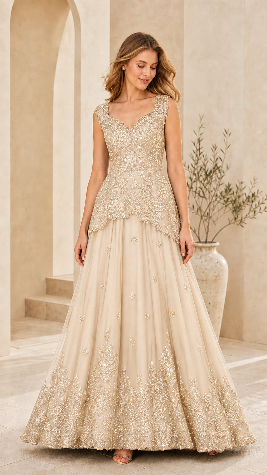 Front view of model wearing Champagne gold sequined peplum evening gown