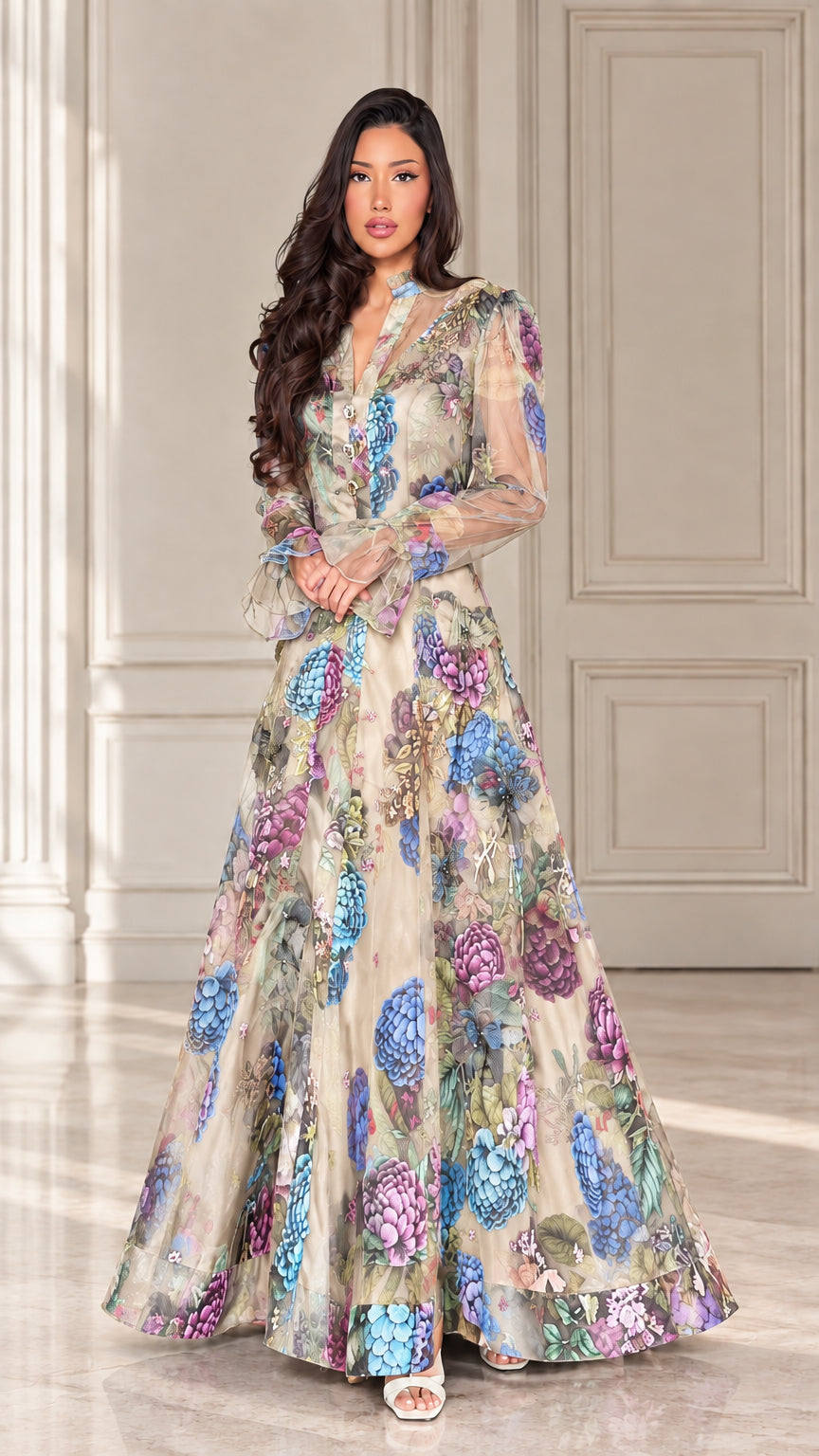 Champagne cream floral printed long sleeve evening maxi gown