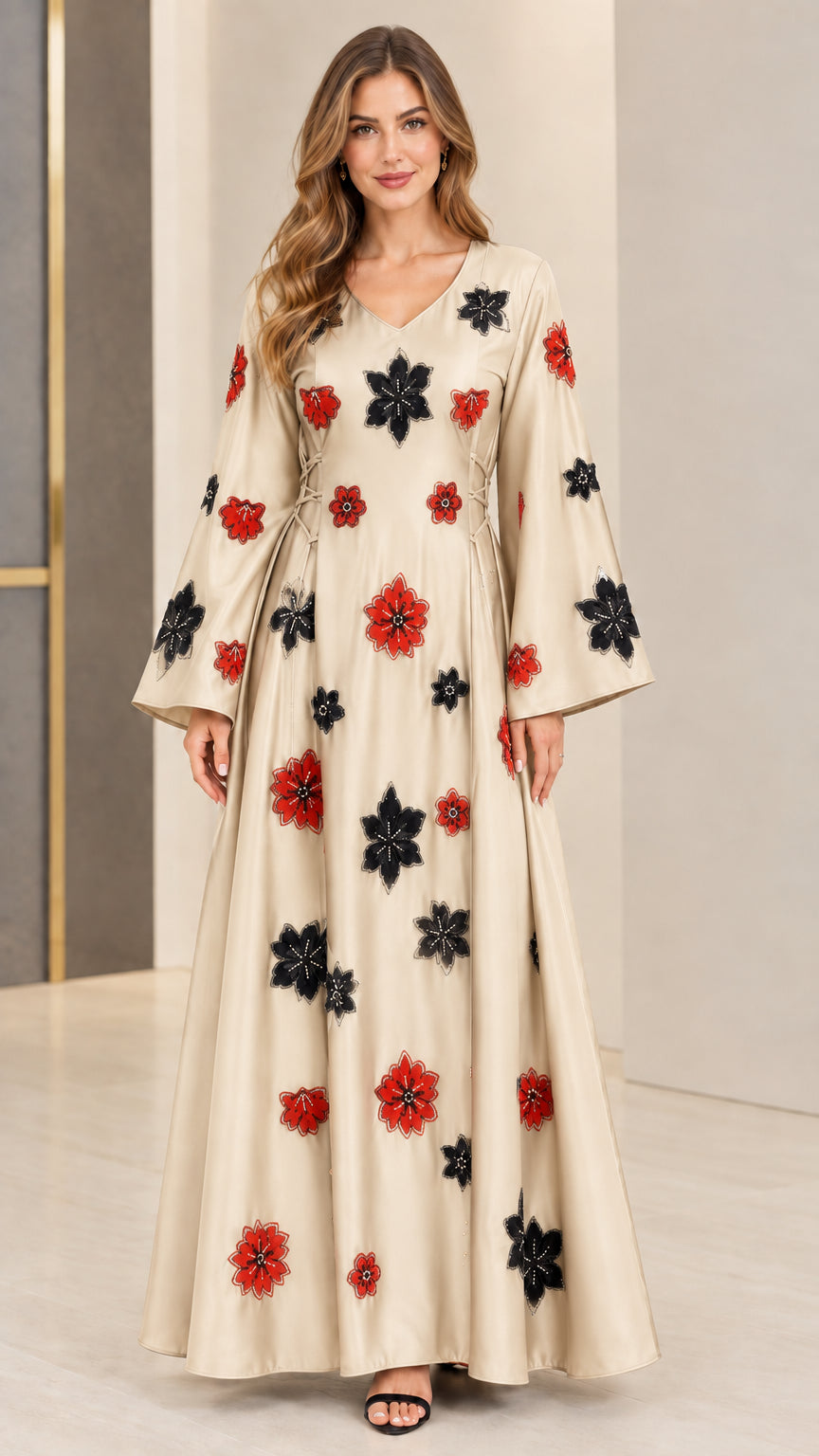 Front view of champagne cream floral embroidered long sleeve maxi dress