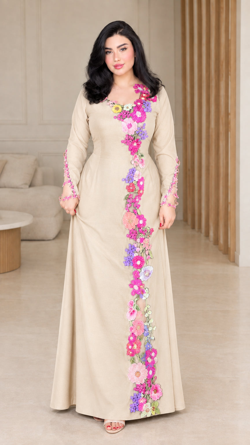 Front view of beige champagne floral embroidered formal maxi dress