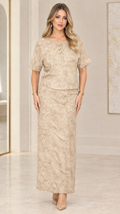 Front view of women's beige champagne tone-on-tone jacquard maxi skirt set