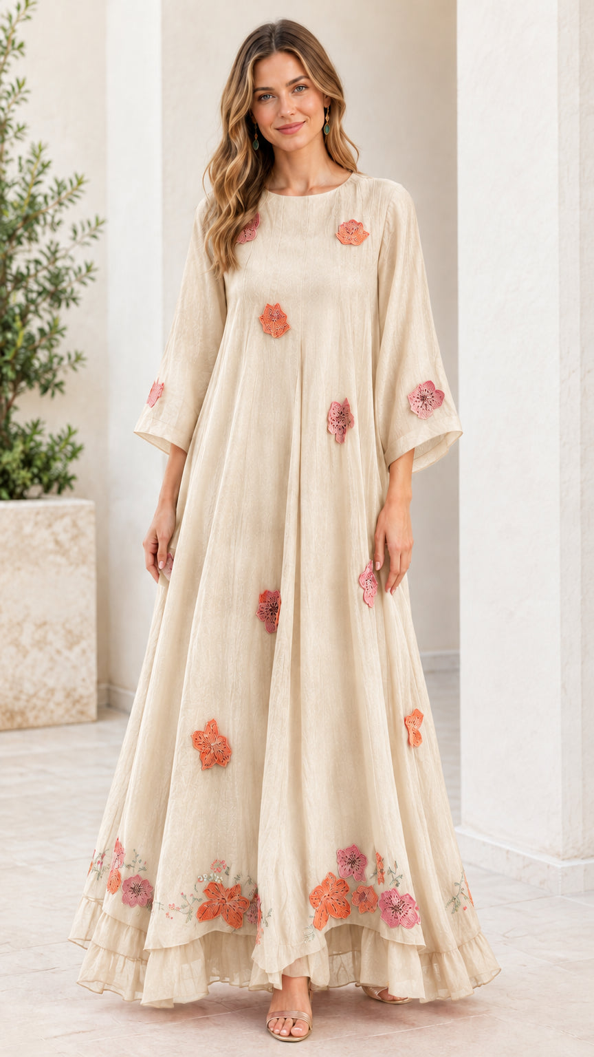 Champagne beige floral embroidered flowing maxi dress