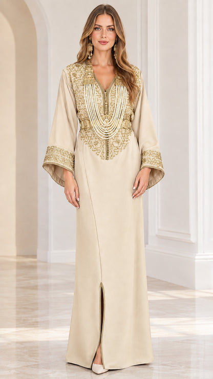 Champagne beige gold embroidered floor-length kaftan dress