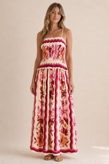 Front view variation of floral print smocked maxi dress in white