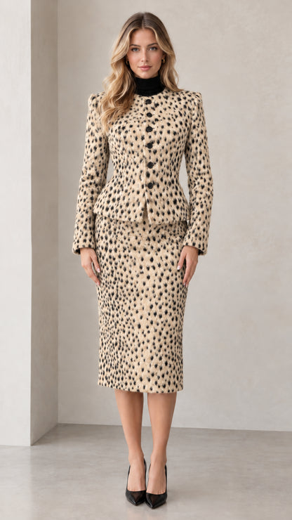 Front full-length view of beige two-piece peplum skirt set