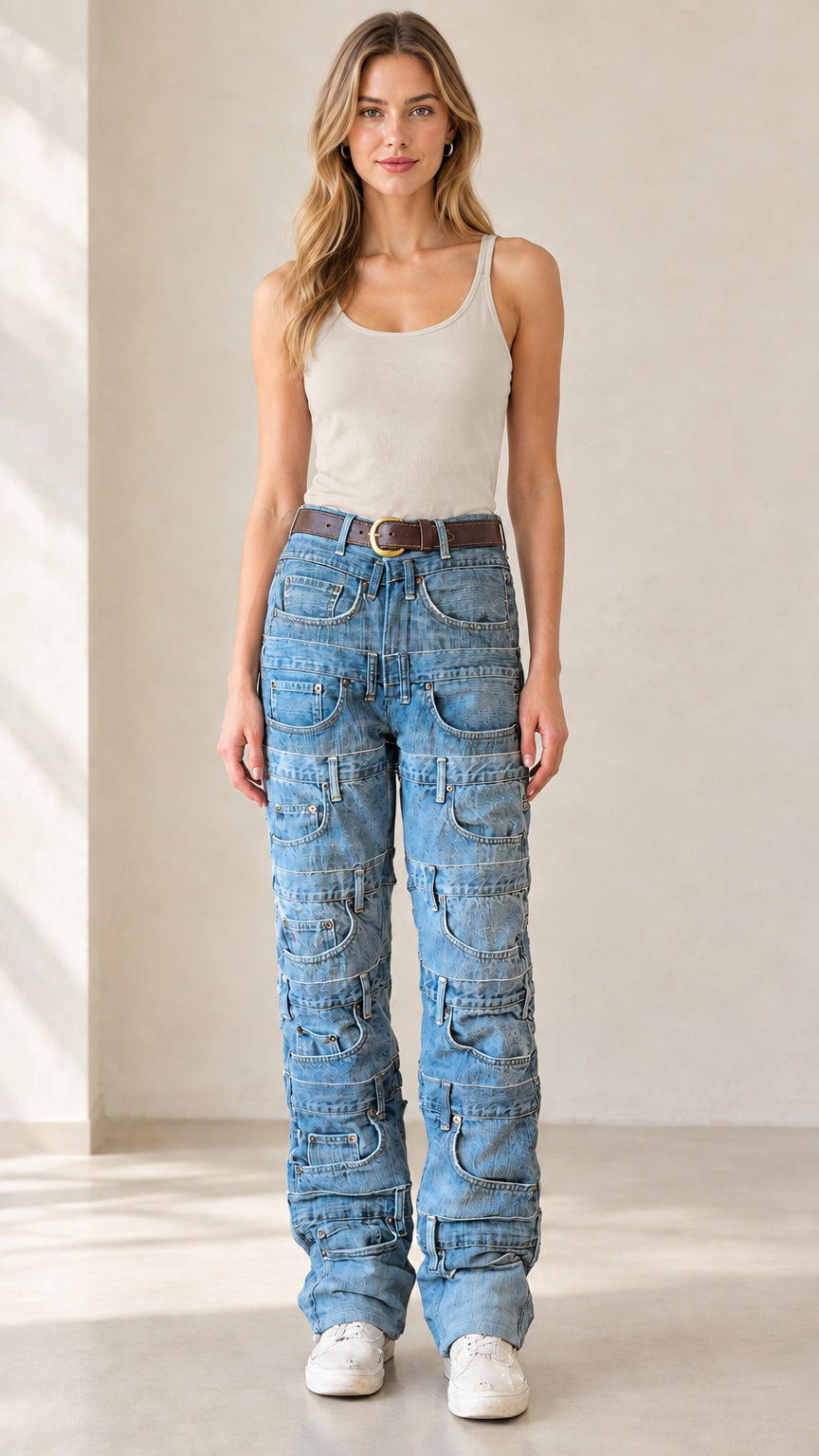 Front view of model wearing denim blue multi-pocket jeans paired with oatmeal tank top