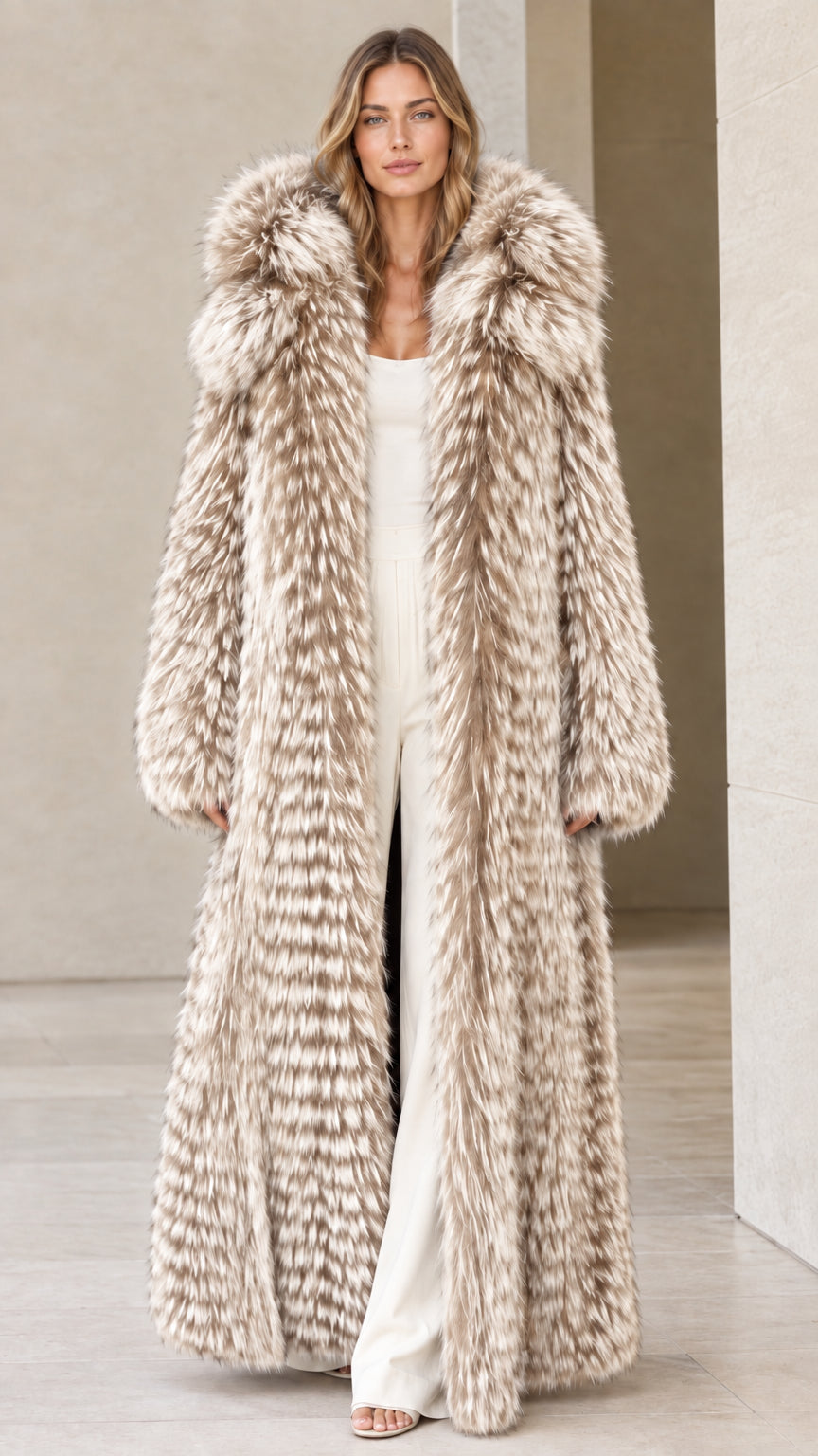 Front view of woman wearing beige champagne full-length hooded faux fur coat