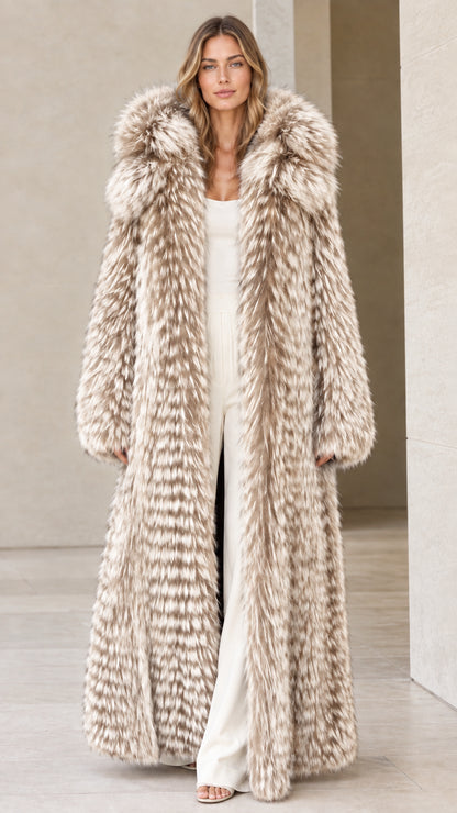 Front view of woman wearing beige champagne full-length hooded faux fur coat