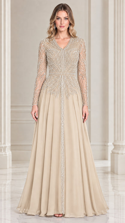 Champagne beige beaded long sleeve V-neck chiffon evening gown