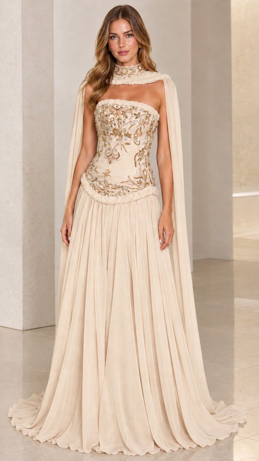 Champagne formal evening gown with gold beaded corset and draped sheer cape