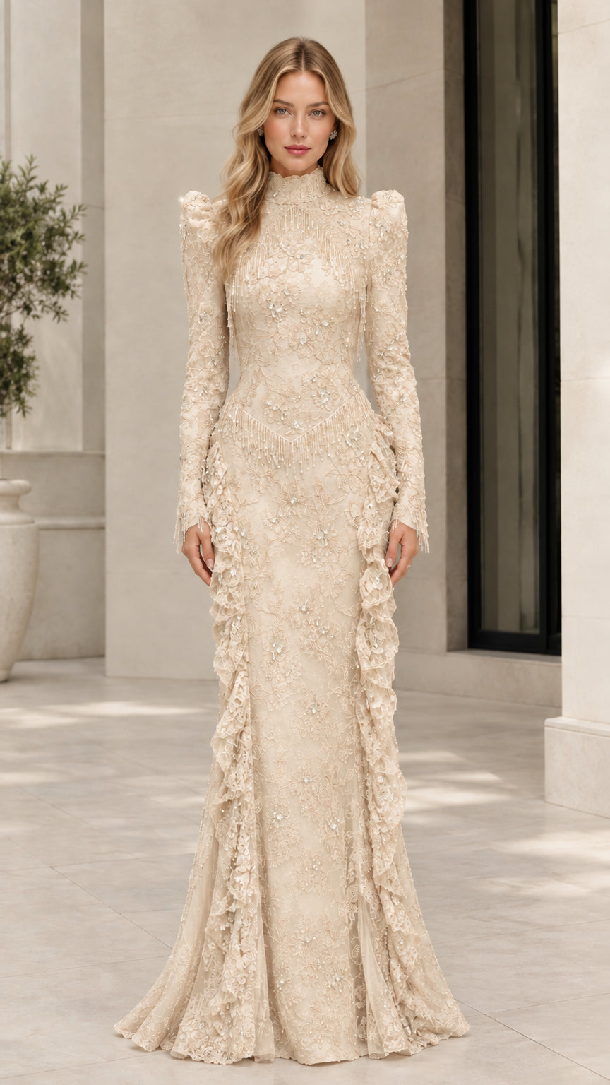 Front view of champagne beige long sleeve beaded formal maxi dress