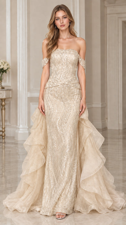 Front view of model wearing Champagne gold sequin mermaid evening dress with cascading train