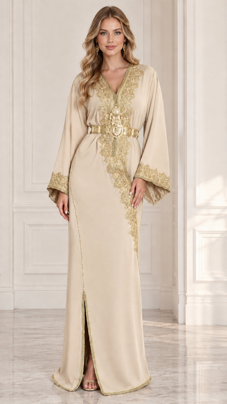 Front view of model wearing champagne beige Moroccan kaftan dress with gold embroidery and belt