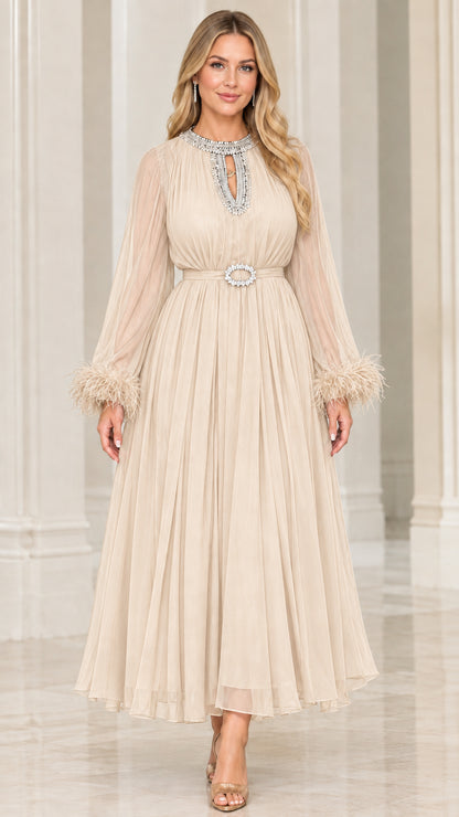 Champagne beige long-sleeve pleated chiffon gown with sparkling crystal details