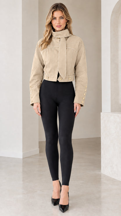 Front full view of Beige cropped high-neck jacket with tailored contrast stitching