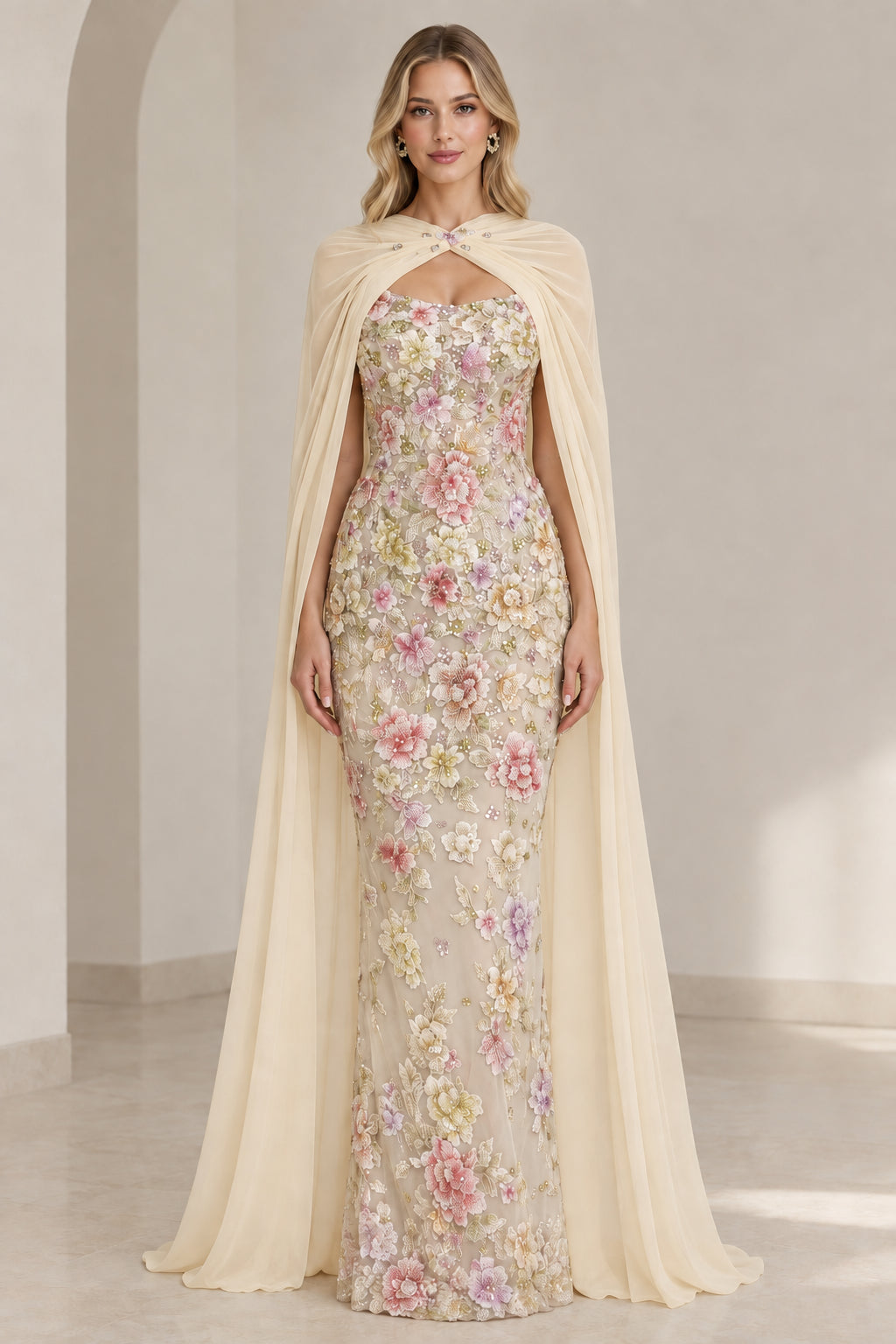 Champagne ivory floral lace evening gown with flowing neutral chiffon cape