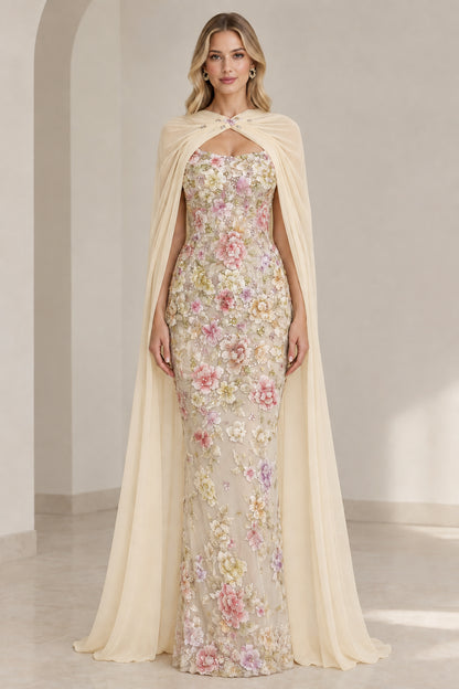Champagne ivory floral lace evening gown with flowing neutral chiffon cape