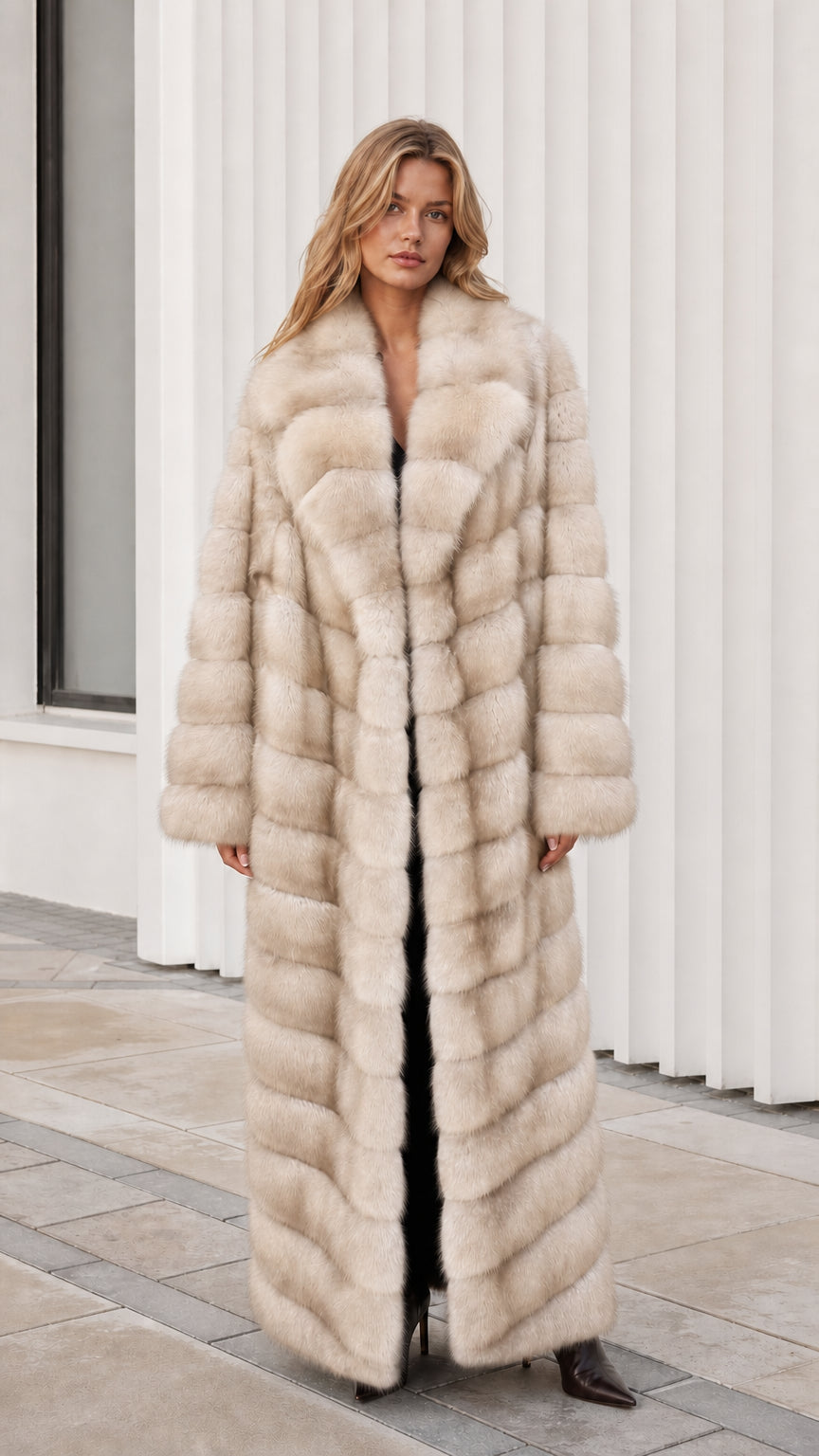 Front view of model wearing cream off-white full-length faux fur maxi coat