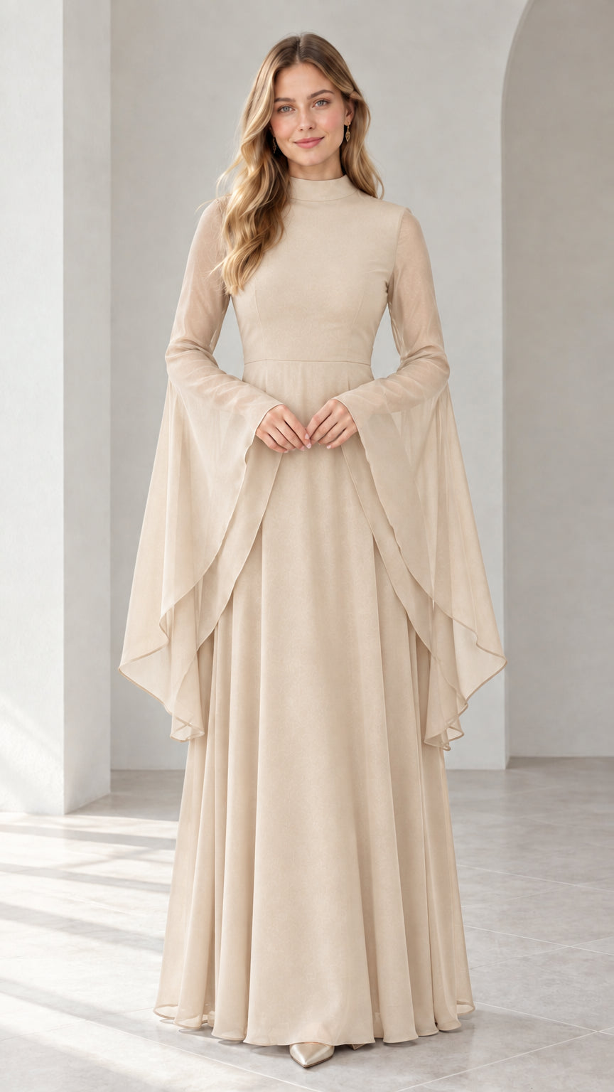 Full-length view of champagne beige long sleeve chiffon evening maxi dress