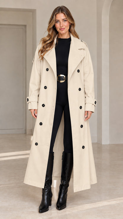 Front view of woman wearing classic beige maxi double-breasted trench coat