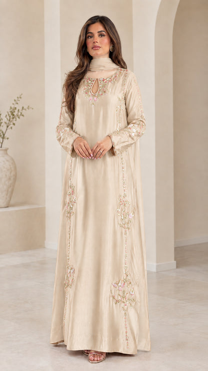 Champagne beige embroidered floor-length modest gown with scarf