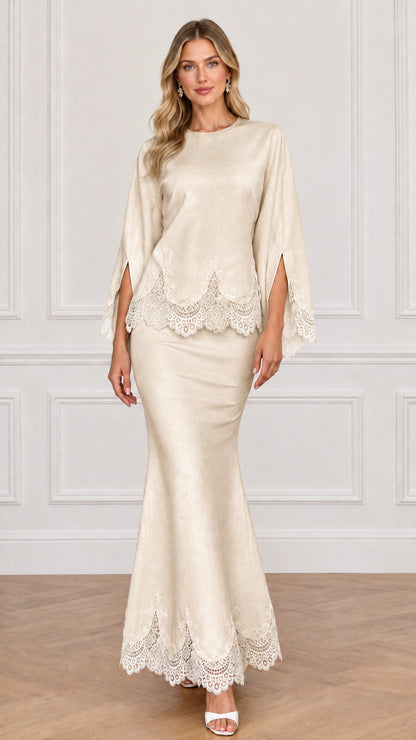 Champagne beige two-piece evening maxi set with delicate lace