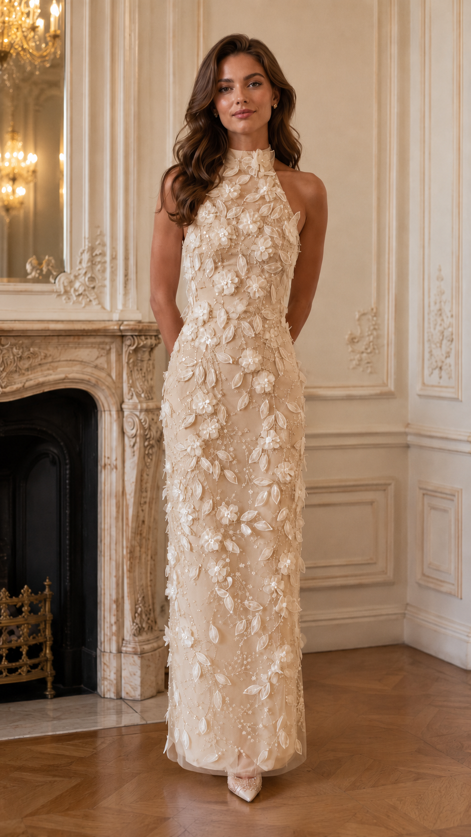Champagne 3D floral halter neck maxi evening dress front view