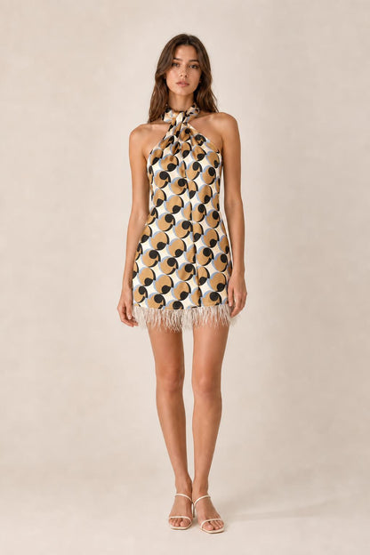 Front view of multi color variant geometric halter mini dress