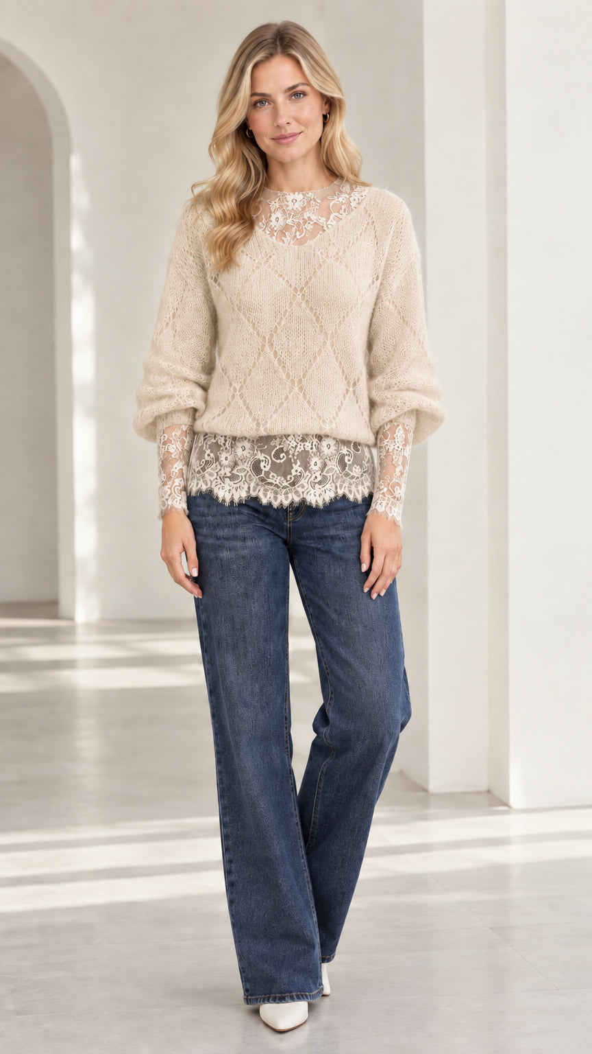 Model wearing beige cream diamond knit sweater with lace trim detailing