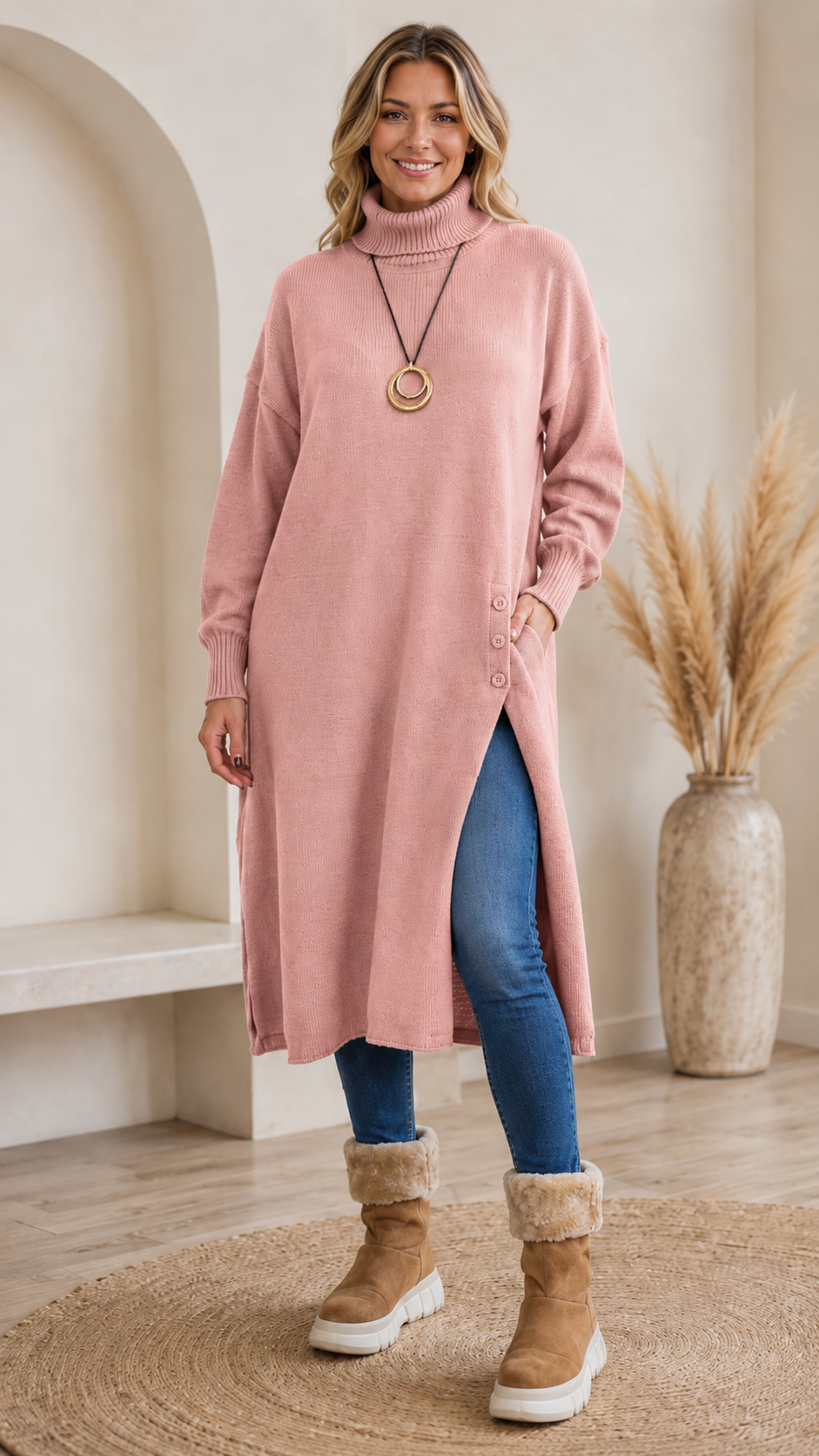 Blush pink turtleneck sweater midi dress with long sleeves