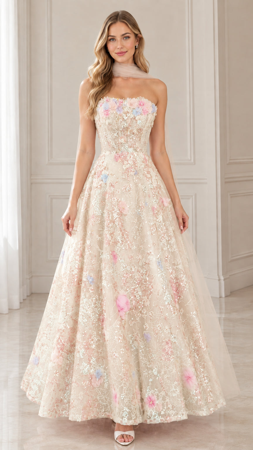 Model wearing champagne cream floral sequined strapless evening gown