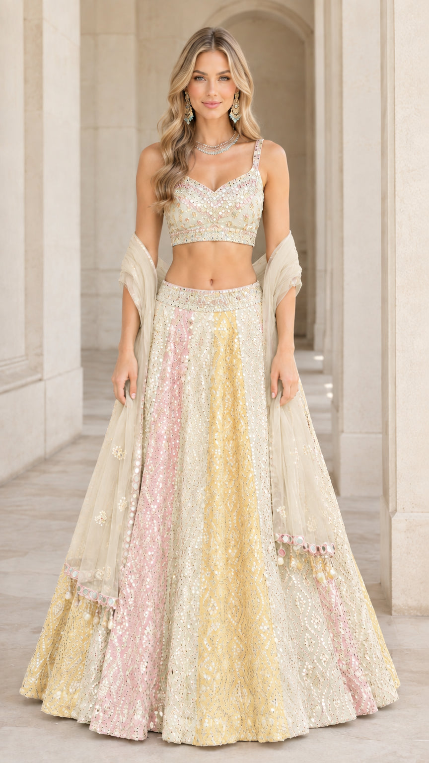 Model wearing champagne gold and ivory multi panel embroidered lehenga choli set