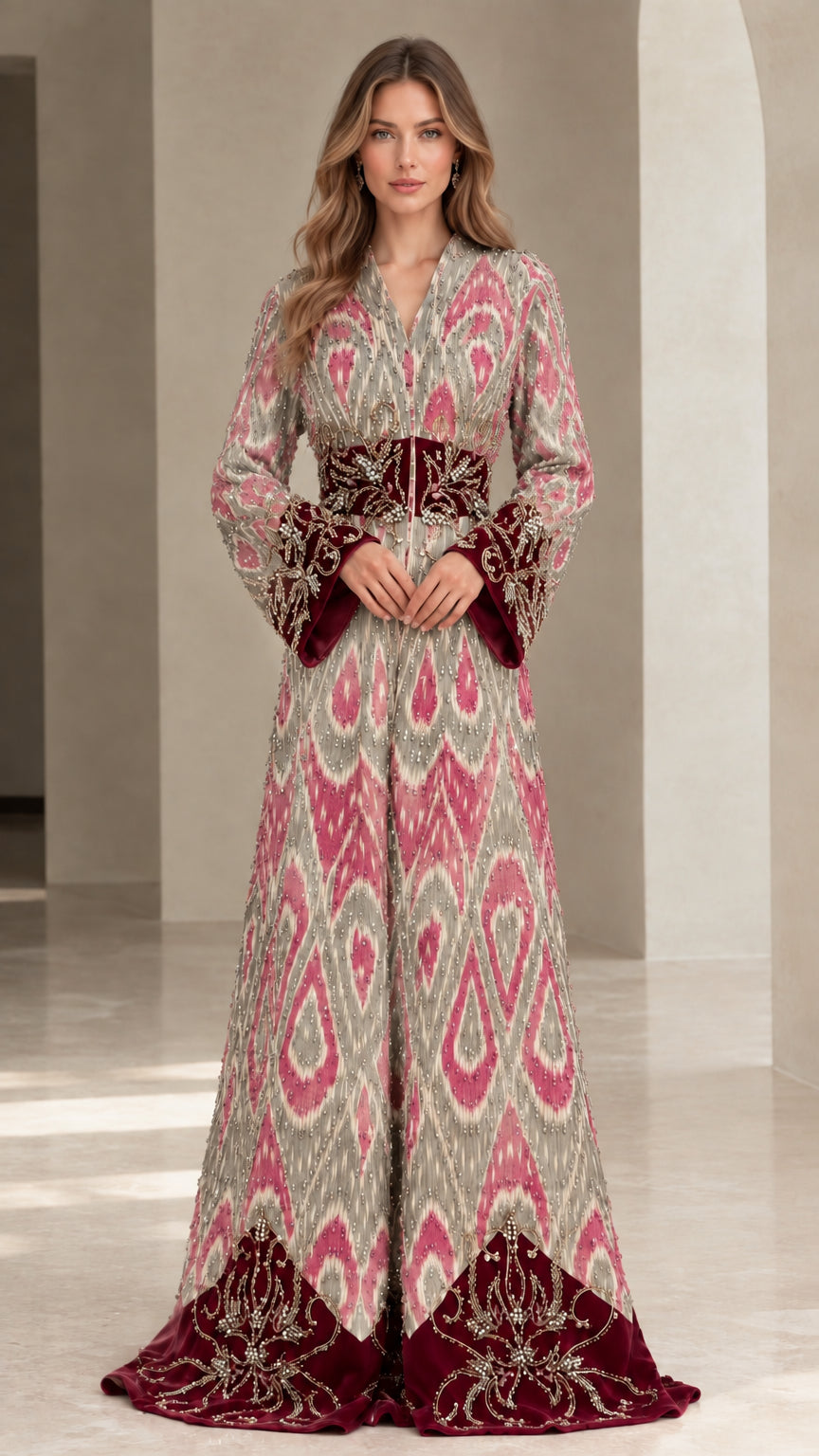 Full-length view of dusty rose and burgundy embroidered velvet-trim maxi kaftan gown