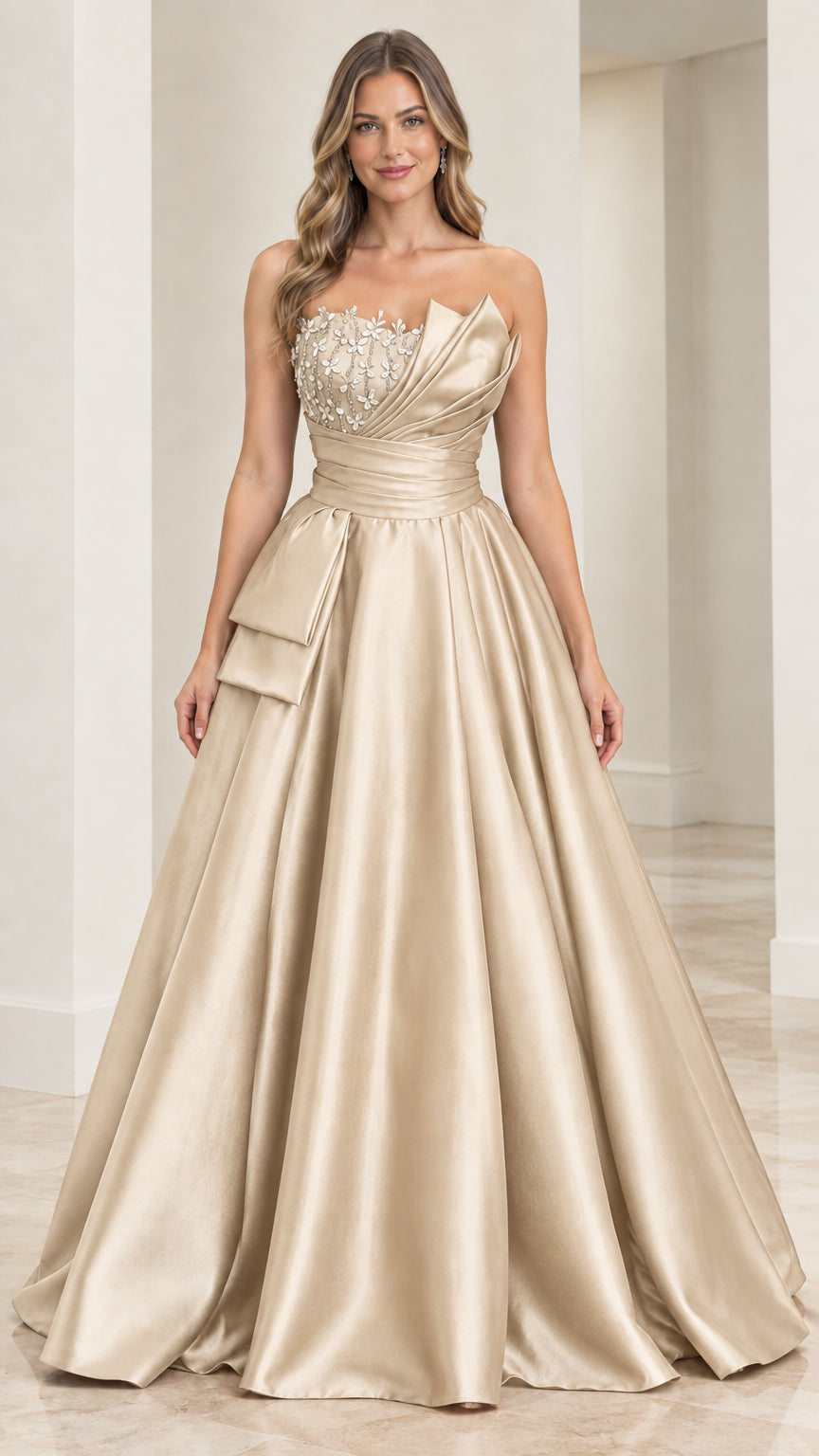 Front view of champagne gold strapless beaded satin evening gown