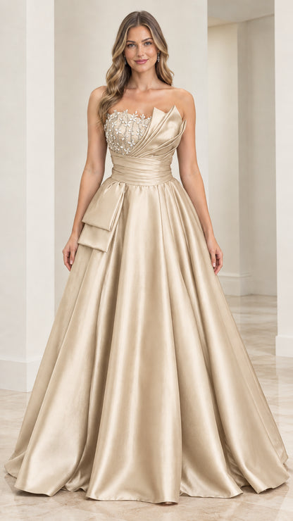 Front view of champagne gold strapless beaded satin evening gown