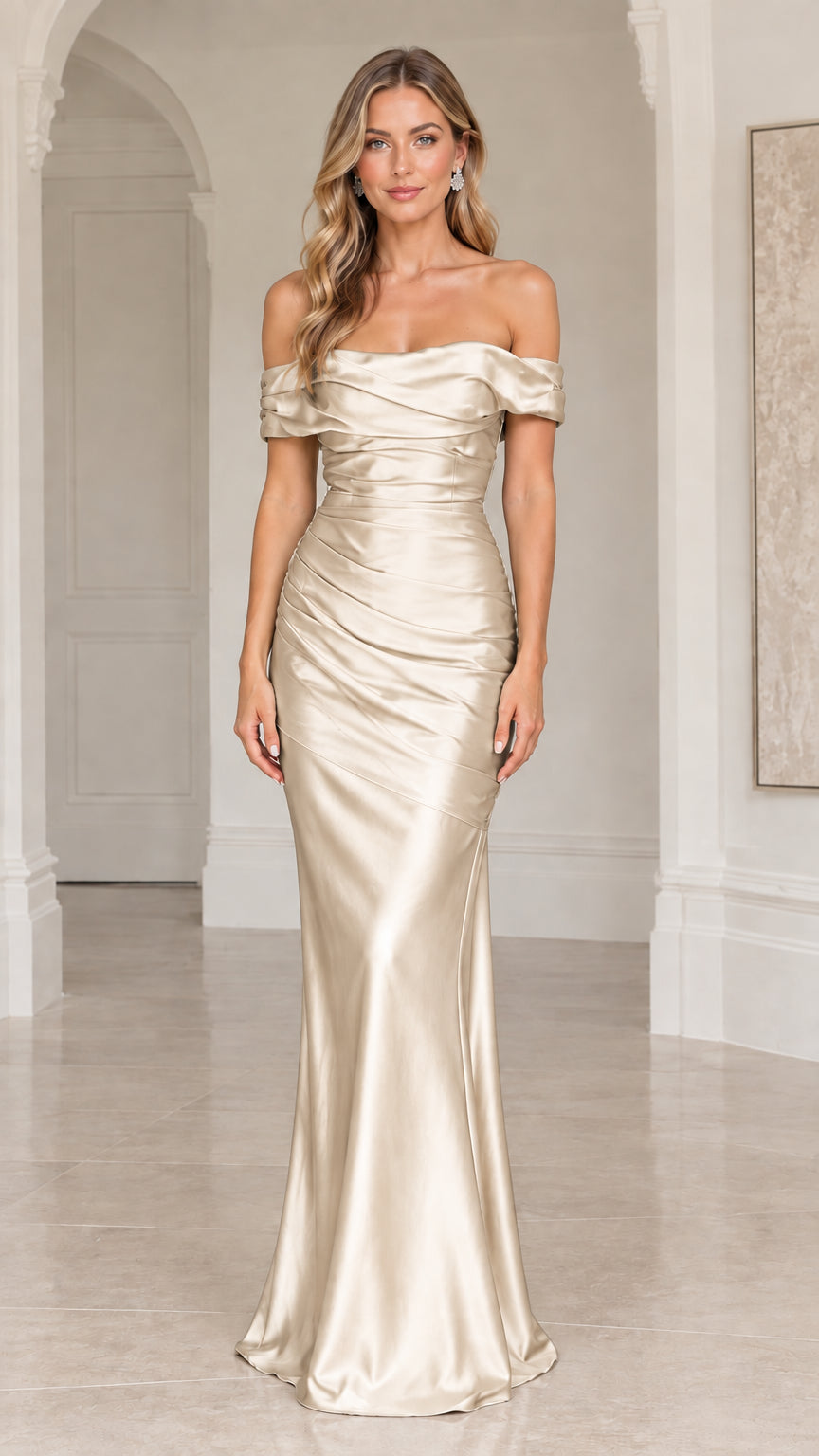 Front view of model wearing a Champagne gold off-the-shoulder satin formal gown