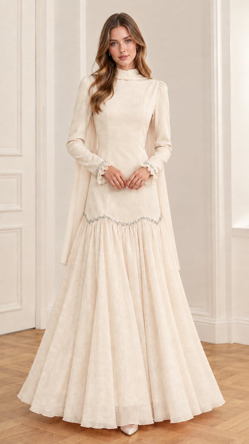 Champagne cream high-neck long-sleeve embellished evening dress