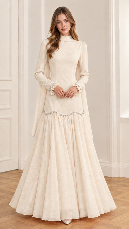 Champagne cream high-neck long-sleeve embellished evening dress