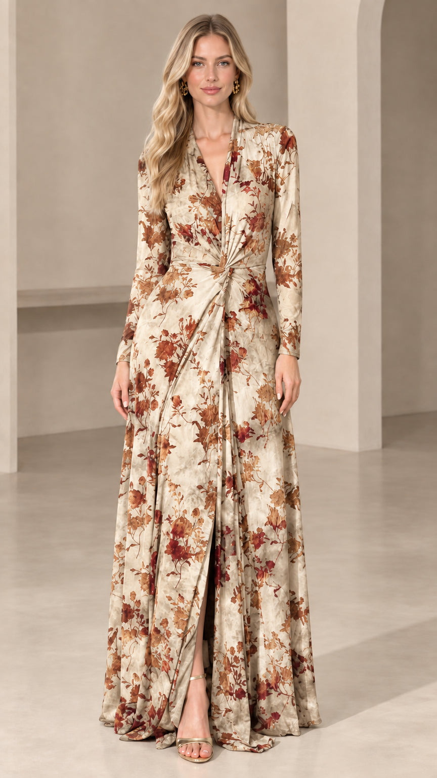 Front view of woman wearing cream floral long sleeve twist-front maxi dress