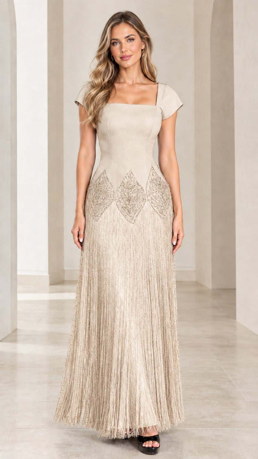 Champagne gold cap sleeve beaded fringe formal maxi dress