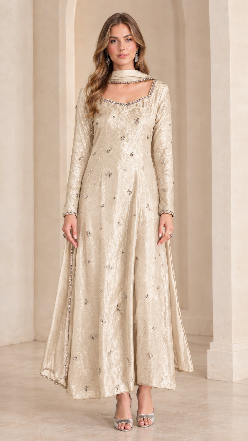 Champagne cream beaded long sleeve A-line maxi evening gown with scarf