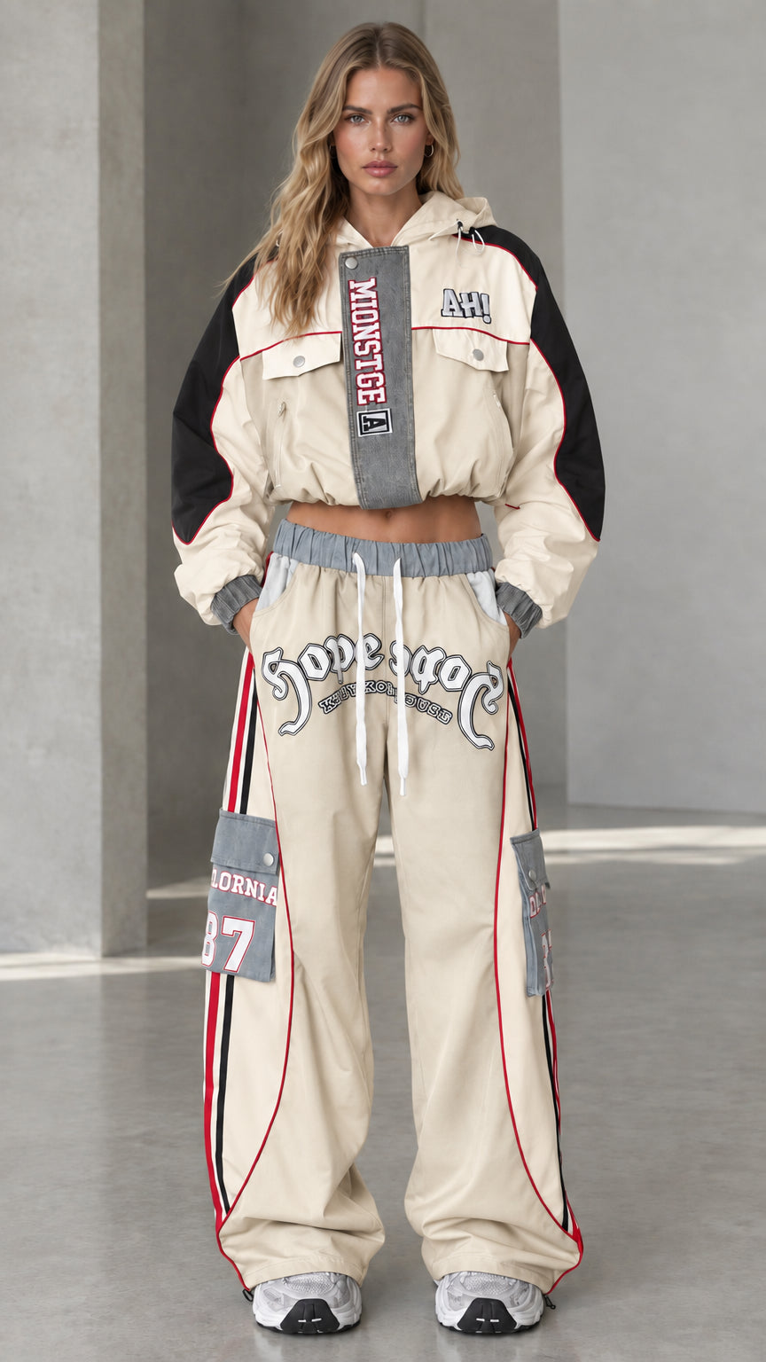 Beige cream women's two-piece cropped windbreaker jacket and cargo pants set