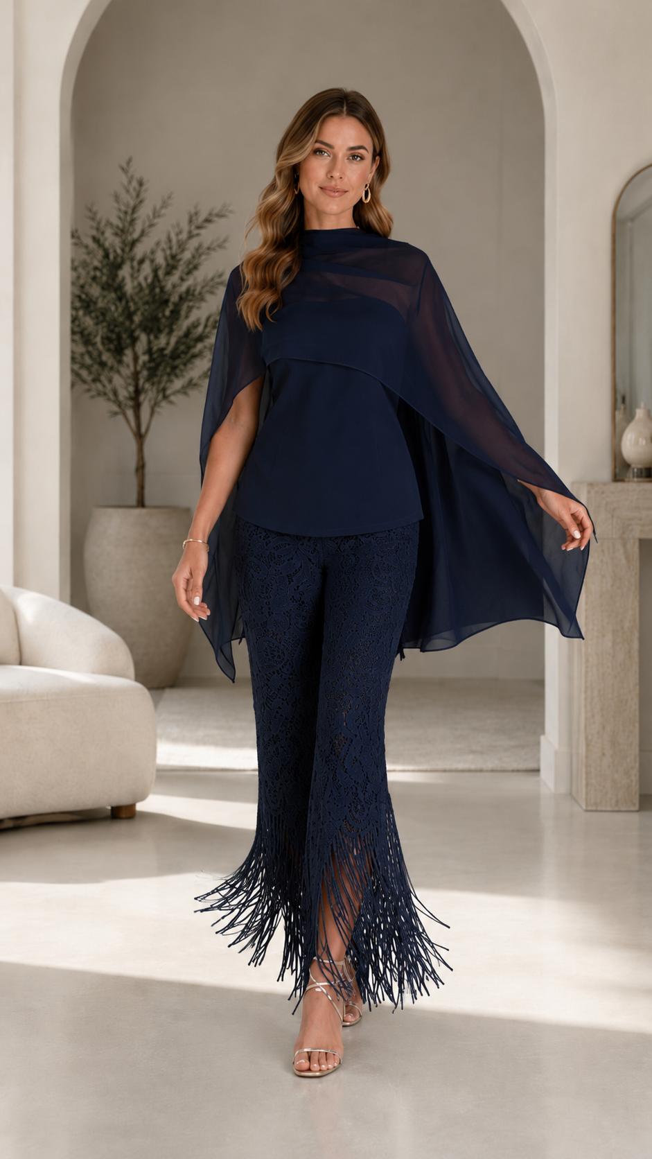 Navy blue chiffon cape top and lace fringe pants set front view