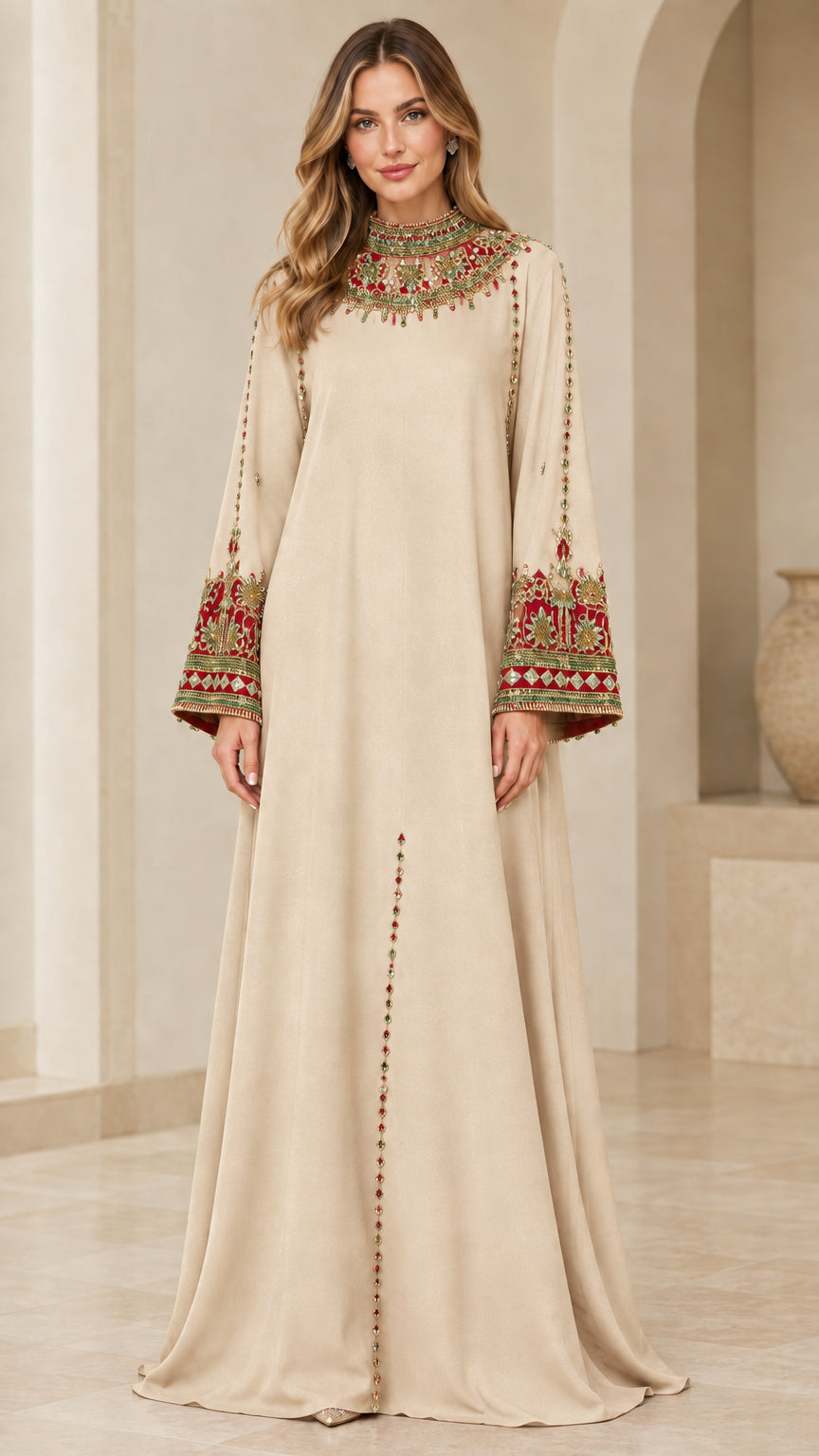 Full front view of Beige embroidered high neck maxi kaftan dress