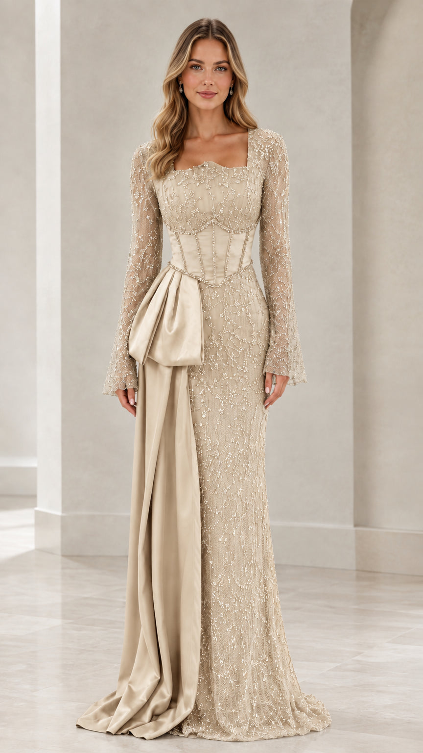 Champagne gold embellished floor-length formal dress with satin sash