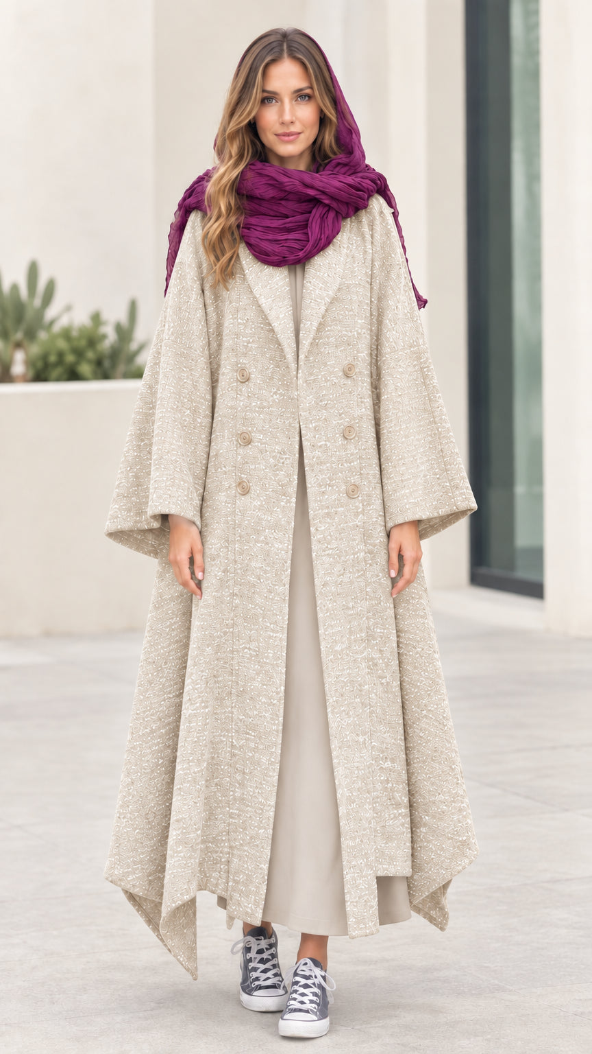 Full-length front view of Oatmeal Beige textured longline overcoat