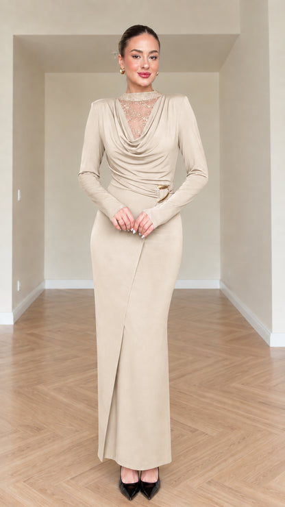 Beige long sleeve formal maxi dress with ruched waist and slit hem