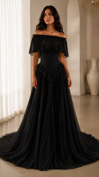 Black off-shoulder ruffle formal gown with dramatic flowing skirt front view