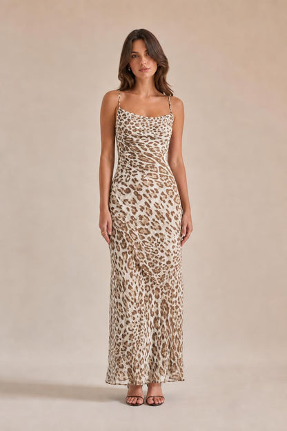 Additional styled shot of brown leopard print maxi slip dress