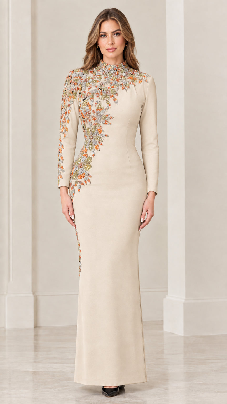 Front view of champagne cream long sleeve maxi gown with floral embroidery